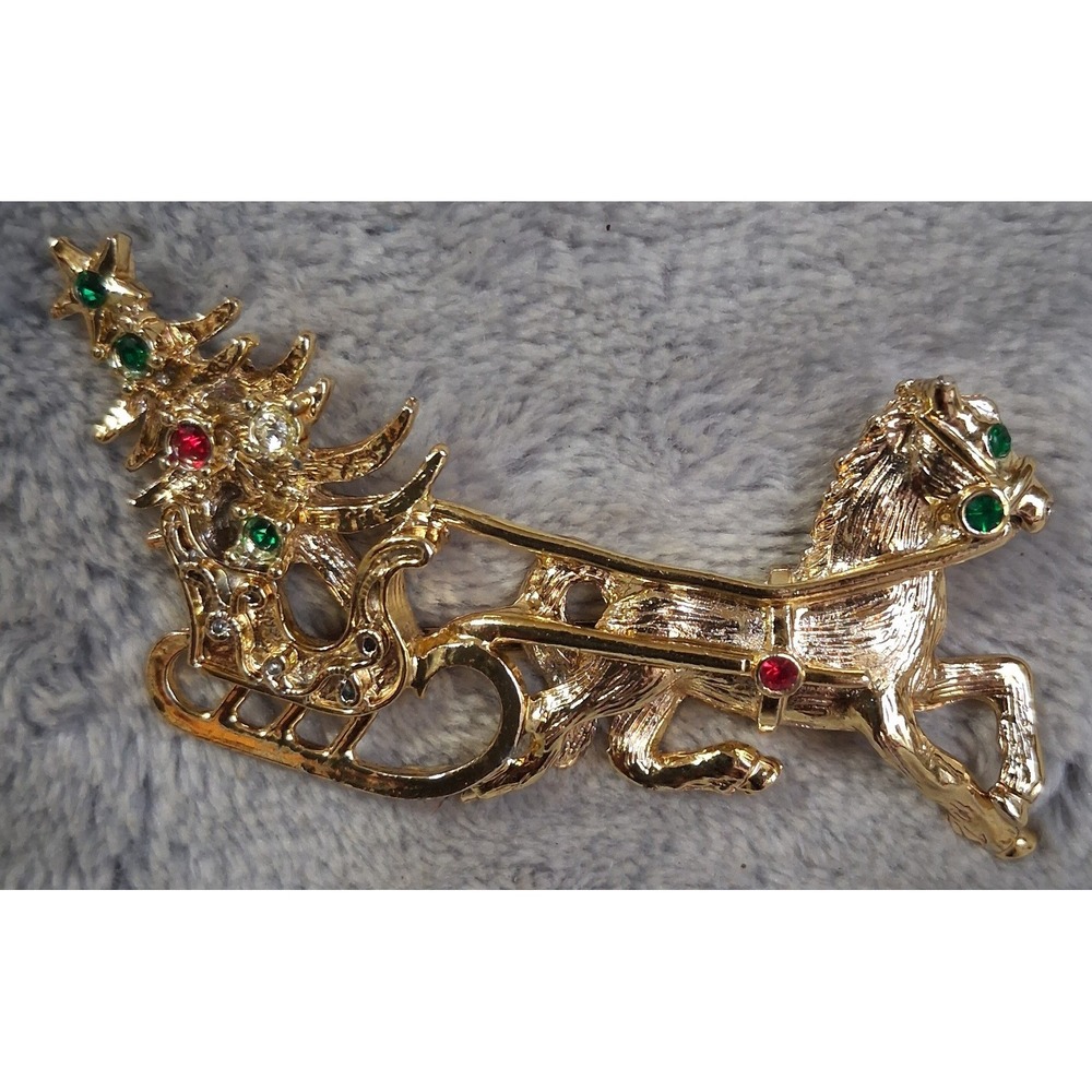 Vintage Christmas Sleigh Brooch MYLU Tancer II Style Gold Rhinestone Pin